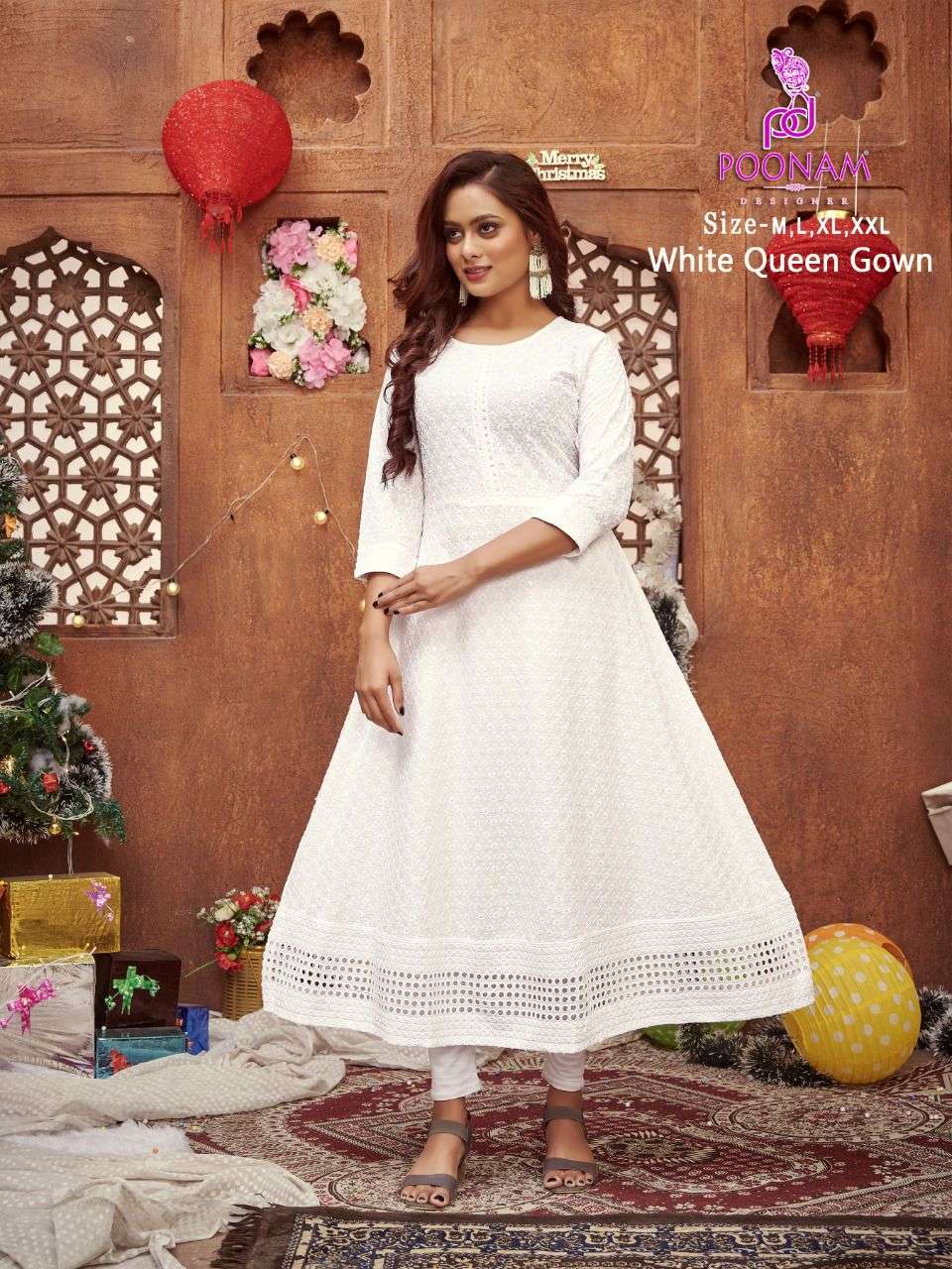 POONAM LAUNCHING WHITE QUEEN RAYON CHIKAN WORK GOWN