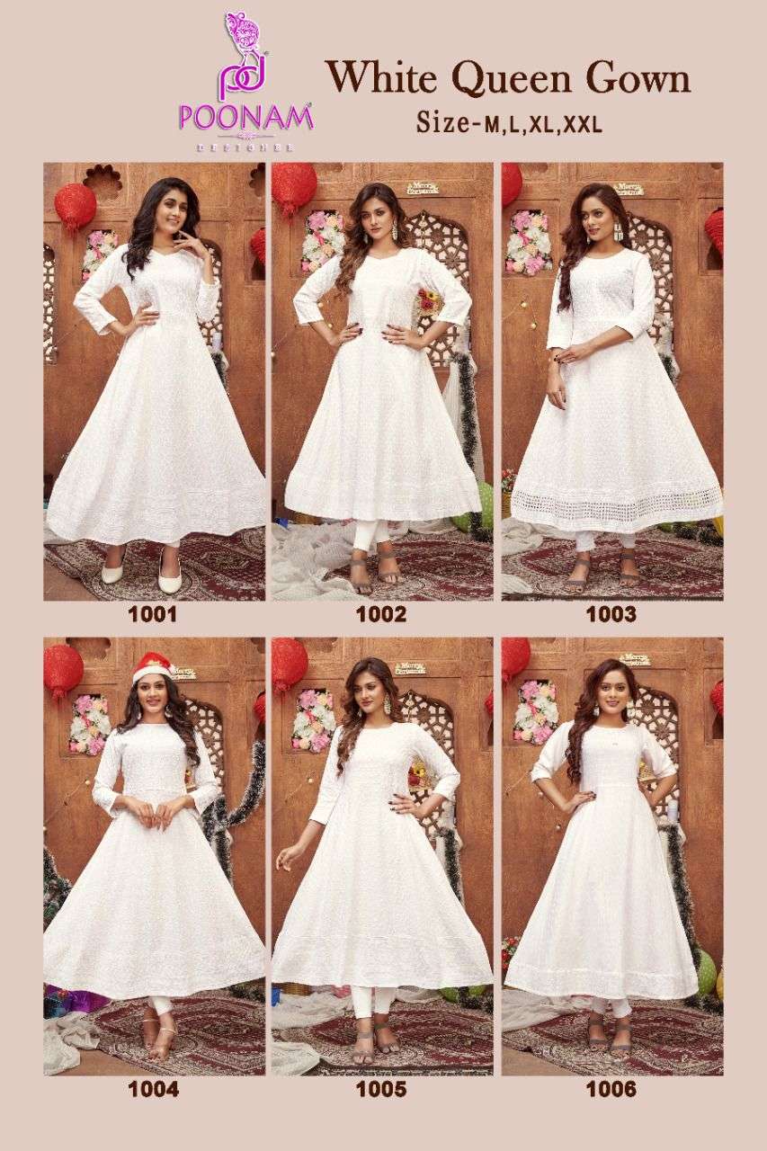 POONAM LAUNCHING WHITE QUEEN RAYON CHIKAN WORK GOWN