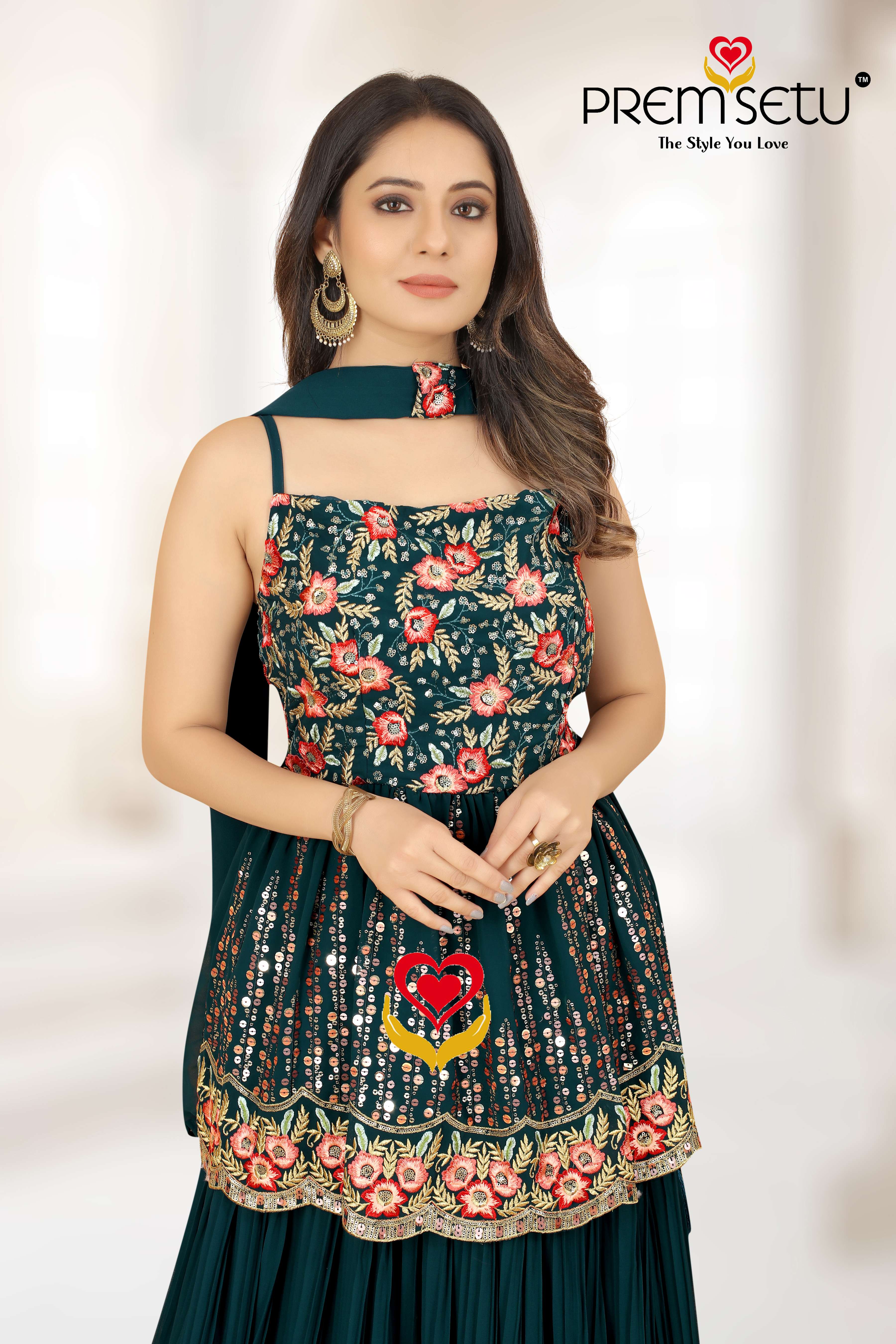 Premsetu Heavy Embroidery work peplum style set with stylish dupatta and plitted skirt wholesale catelogue