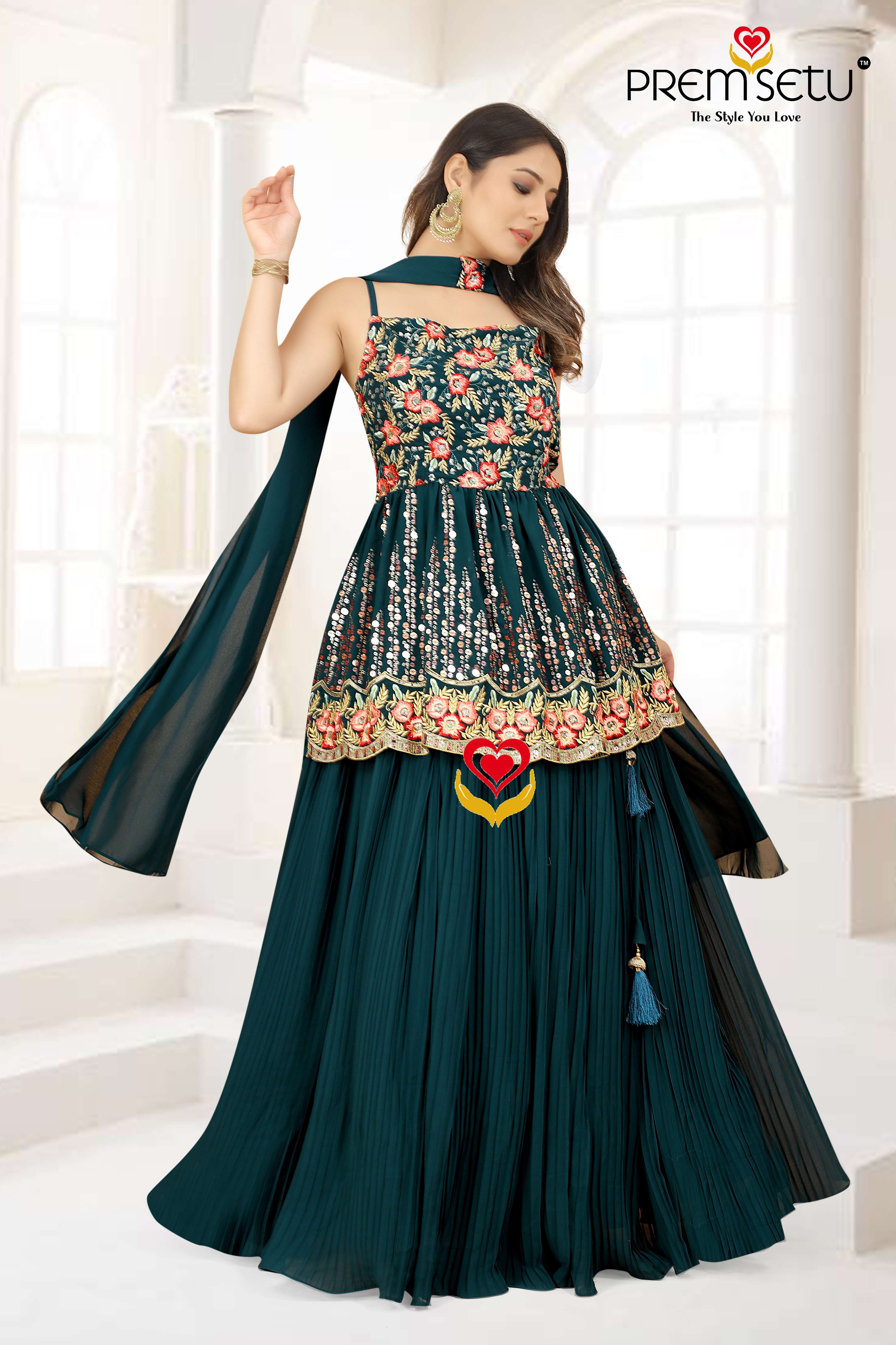 Premsetu Heavy Embroidery work peplum style set with stylish dupatta and plitted skirt wholesale catelogue