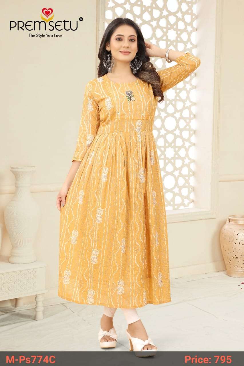 Premsetu Khatli work Dusty Yellow Naira cut Kurtis wholesale at wholesale catalog