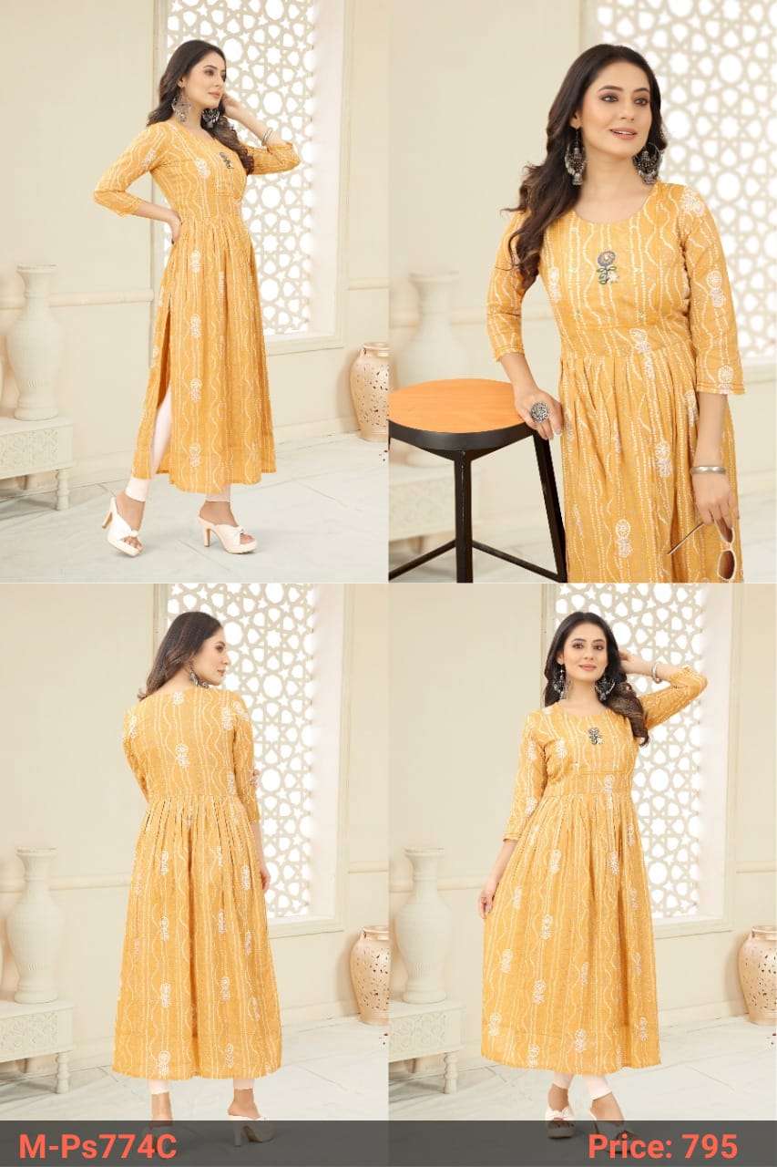 Premsetu Khatli work Dusty Yellow Naira cut Kurtis wholesale at wholesale catalog