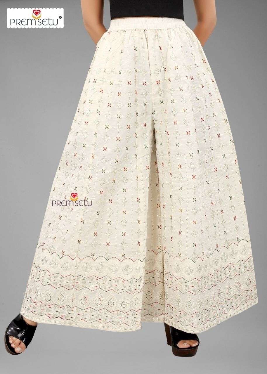 Premsetu Off White Heavy Embroidered Full Flared Kali Plazo in Wholesale Single Available