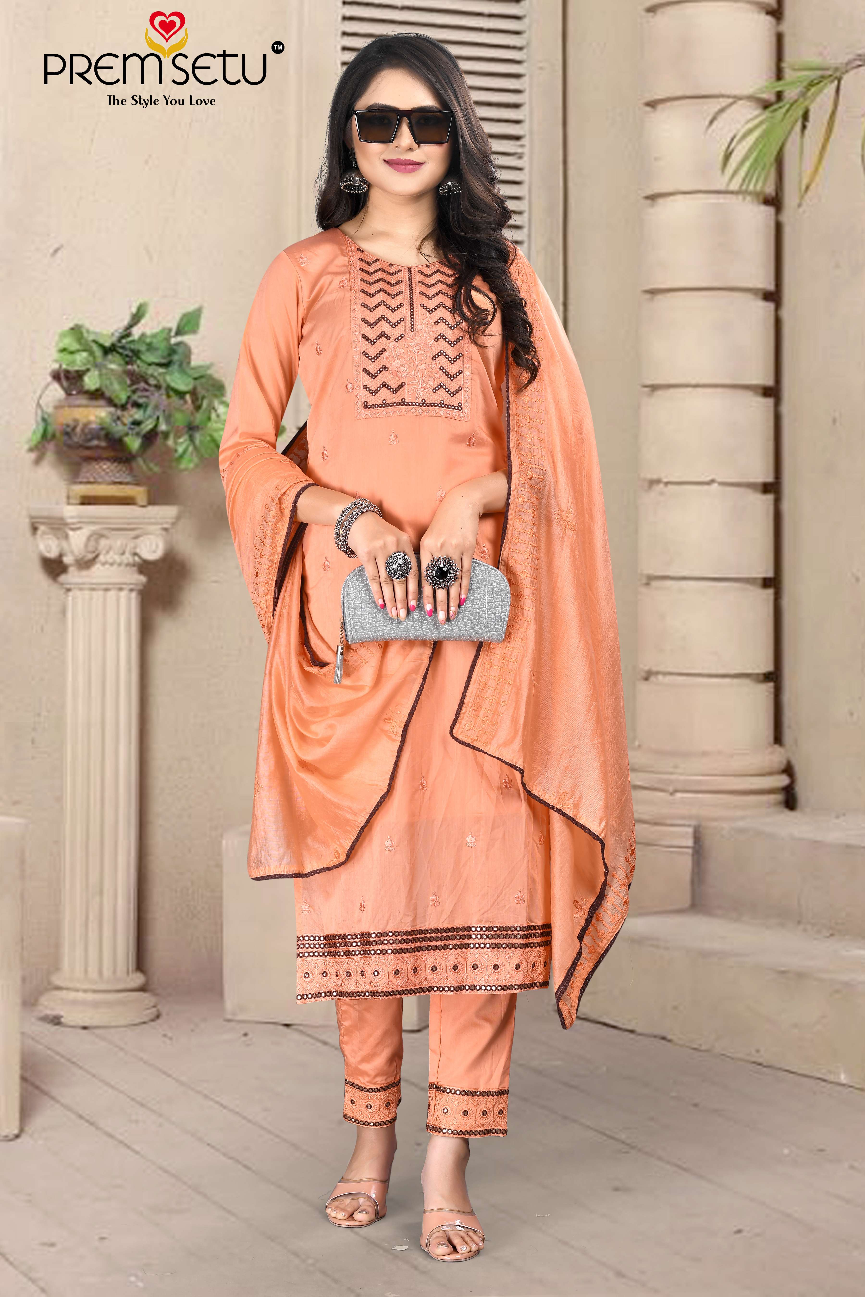 Premsetu Present Light Orange Heavy Kurti Pant With Dupatta Embroidery Work On Wholesale Price