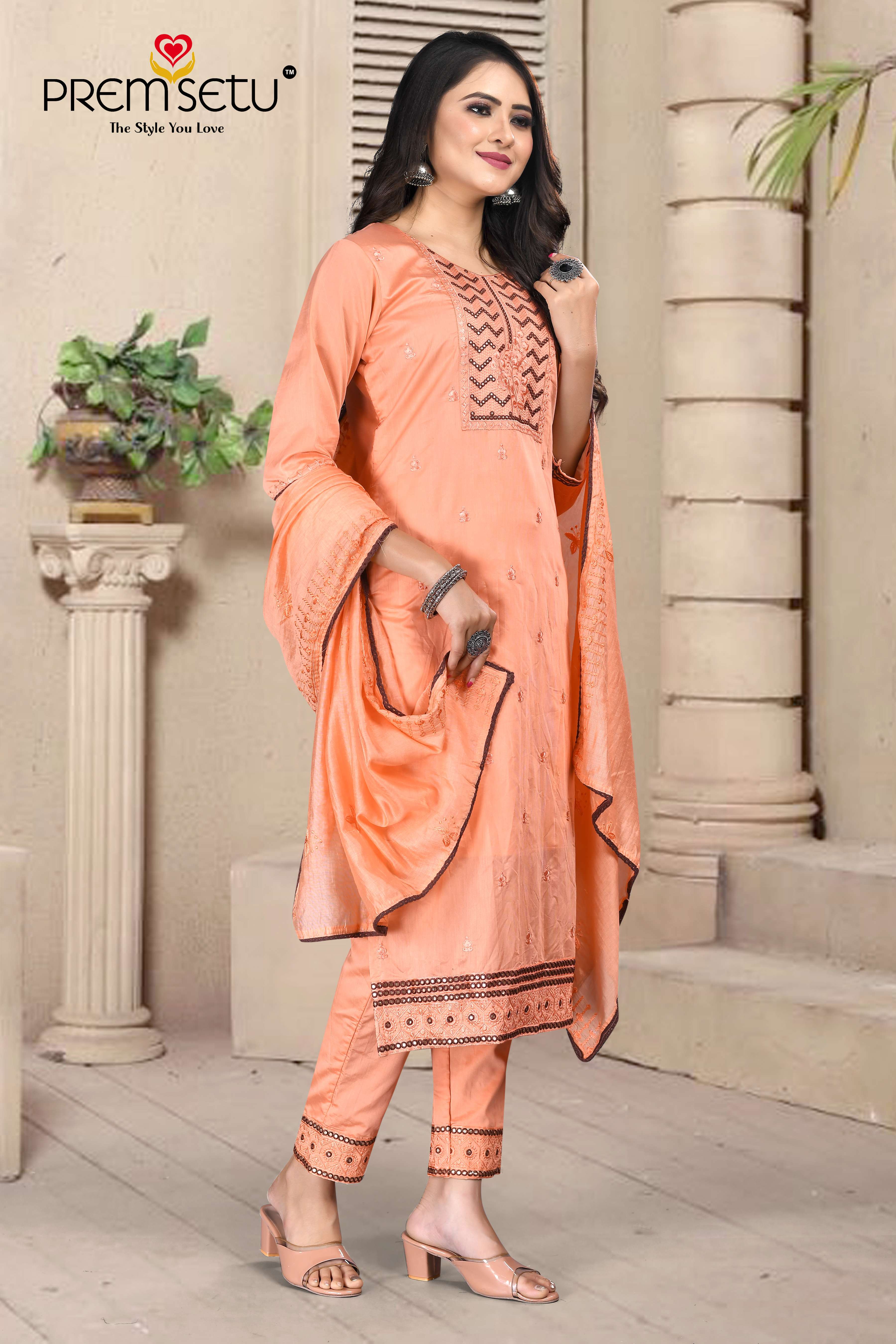 Premsetu Present Light Orange Heavy Kurti Pant With Dupatta Embroidery Work On Wholesale Price