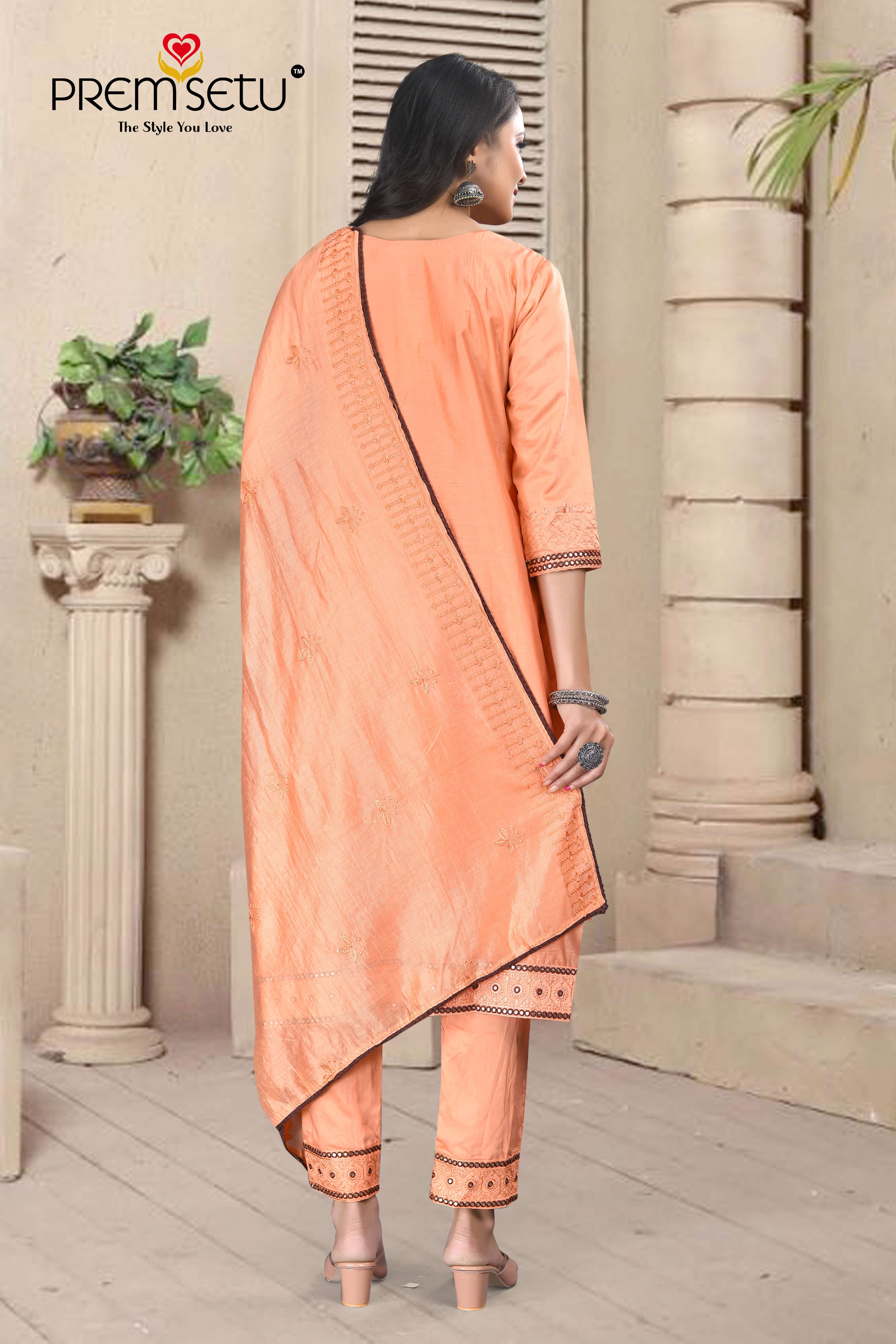Premsetu Present Light Orange Heavy Kurti Pant With Dupatta Embroidery Work On Wholesale Price