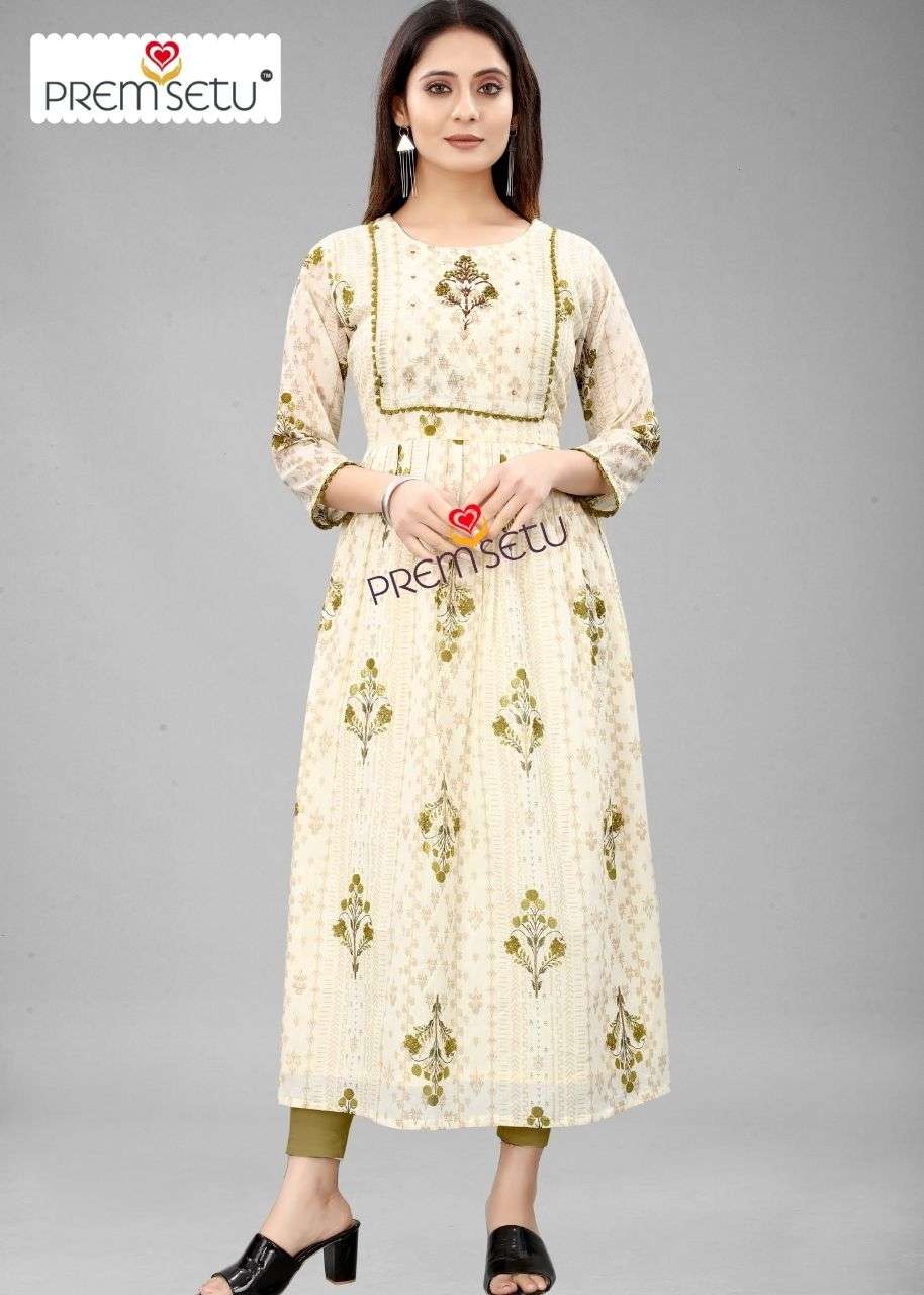 PREMSETU PRESENT MEHANDI GREEN NAIRA CUT KURTIS SIZE SET ON WHOLESALE PRICE