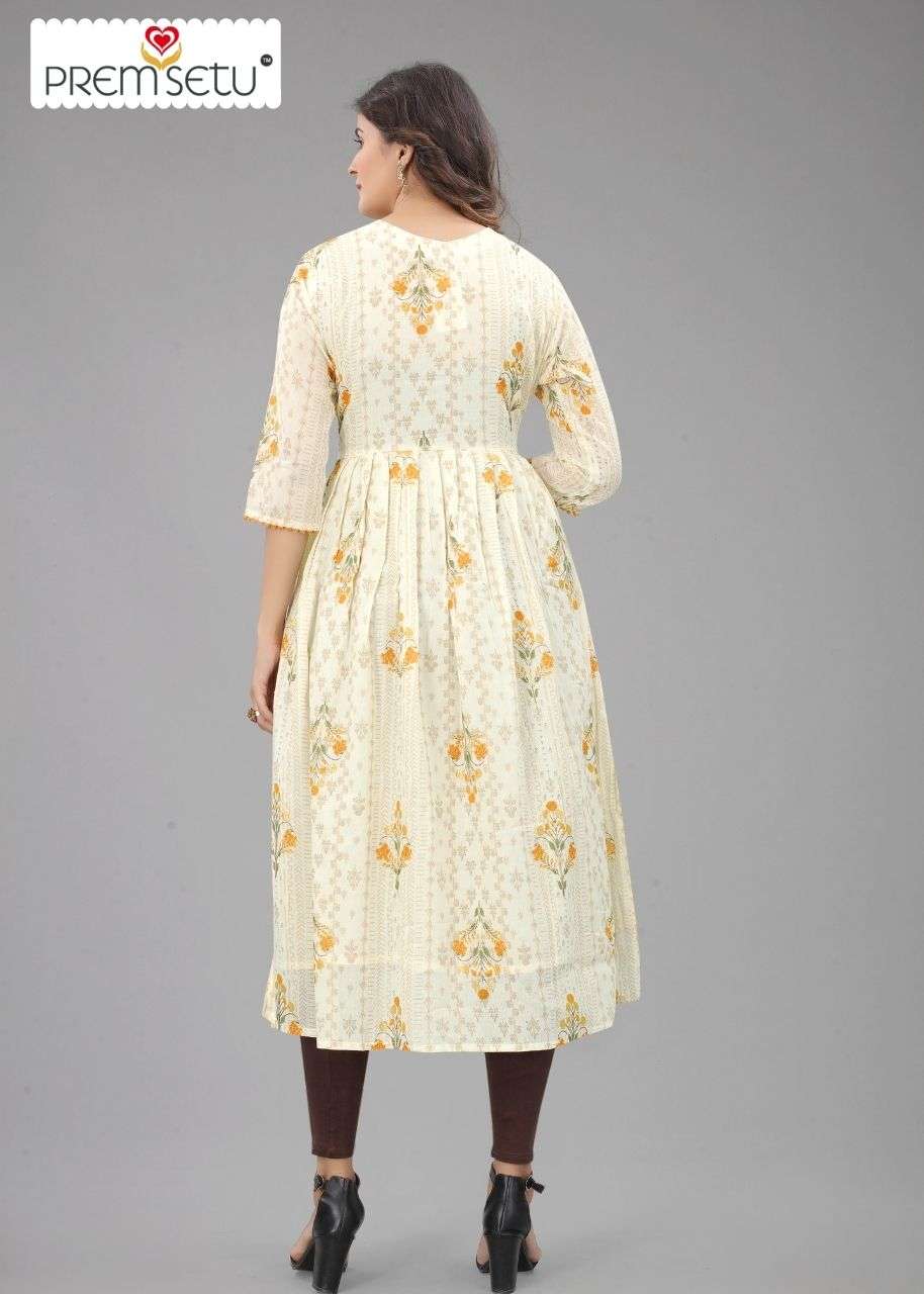 PREMSETU PRESENT YELLOW NAIRA CUT KURTIS SIZE SET ON WHOLESALE PRICE