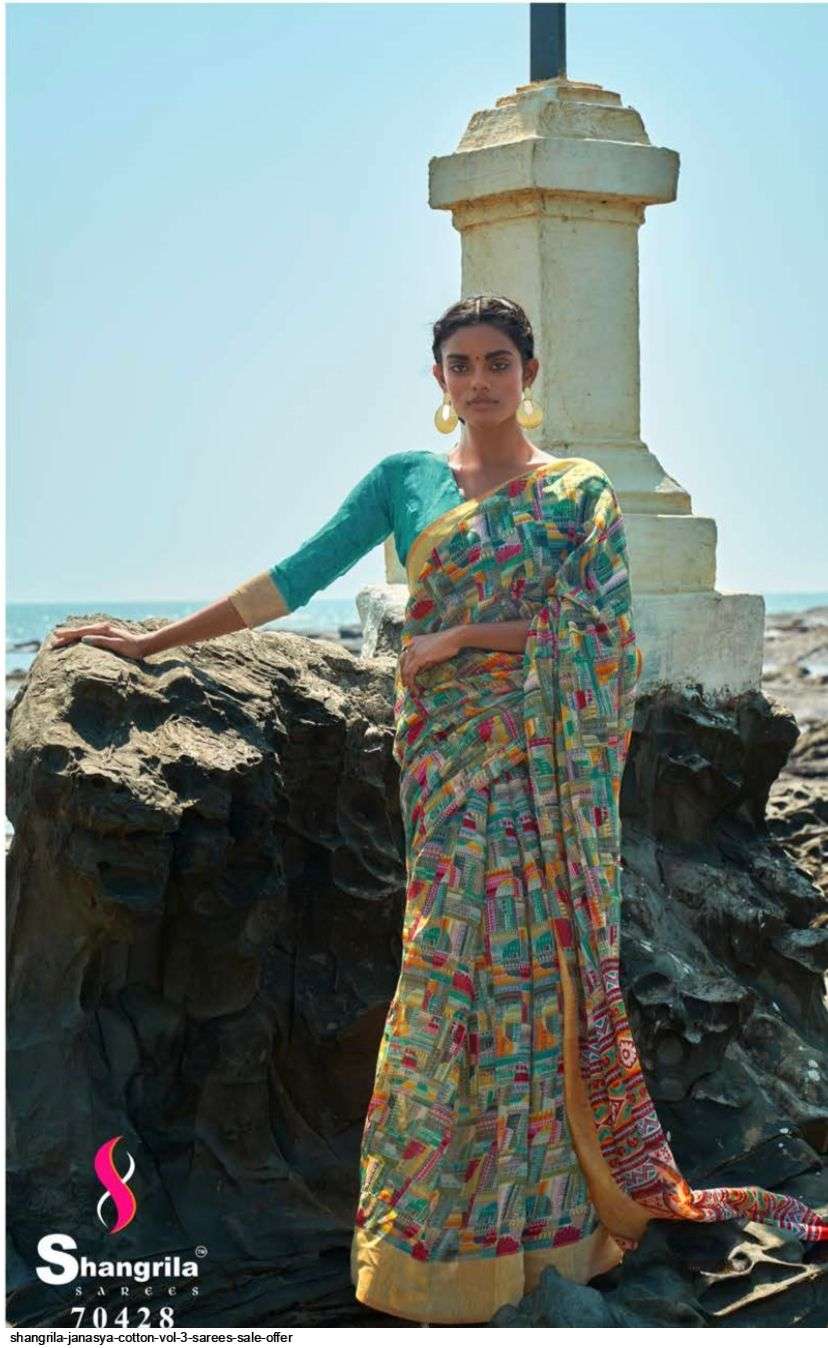 Shangrila Present Fancy Pure Cotton silk Printed Saree With Heavy zari broad Border and blouse On Wholesale
