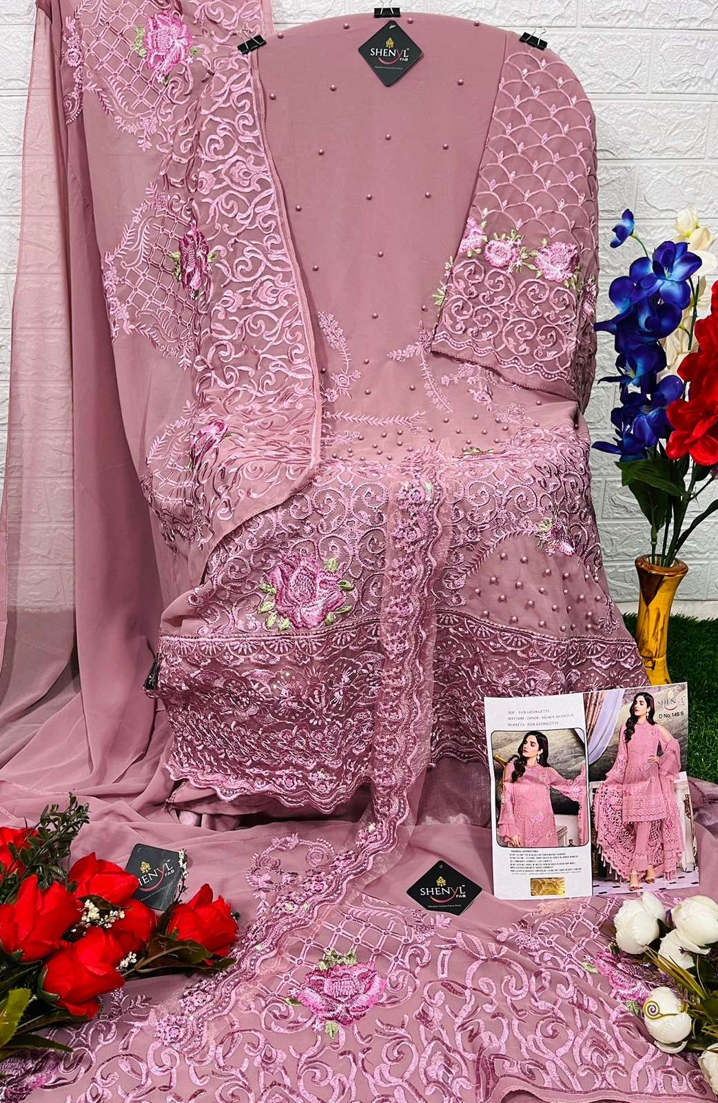 SHENYL FAB PAKISTANI  LUXURIOUS  COLLECTOIN FOUX GEORGETT WITH HEAVY EMBROIDERY SUIT ON WHOLESALE