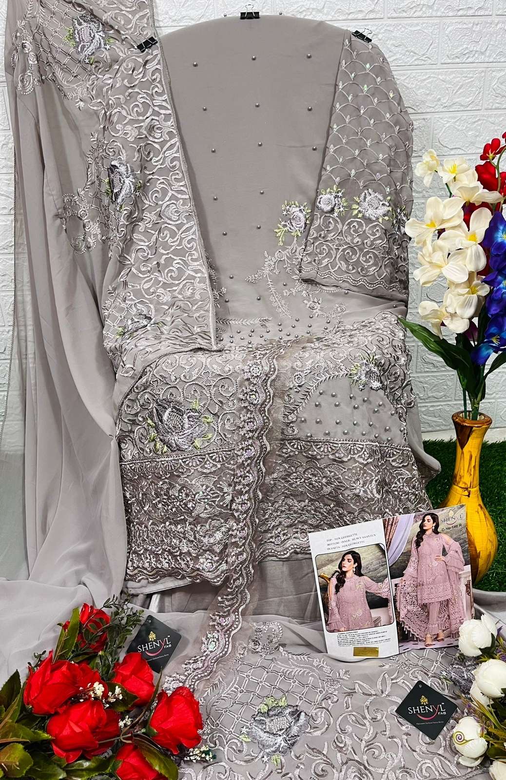 SHENYL FAB PAKISTANI  LUXURIOUS  COLLECTOIN FOUX GEORGETT WITH HEAVY EMBROIDERY SUIT ON WHOLESALE