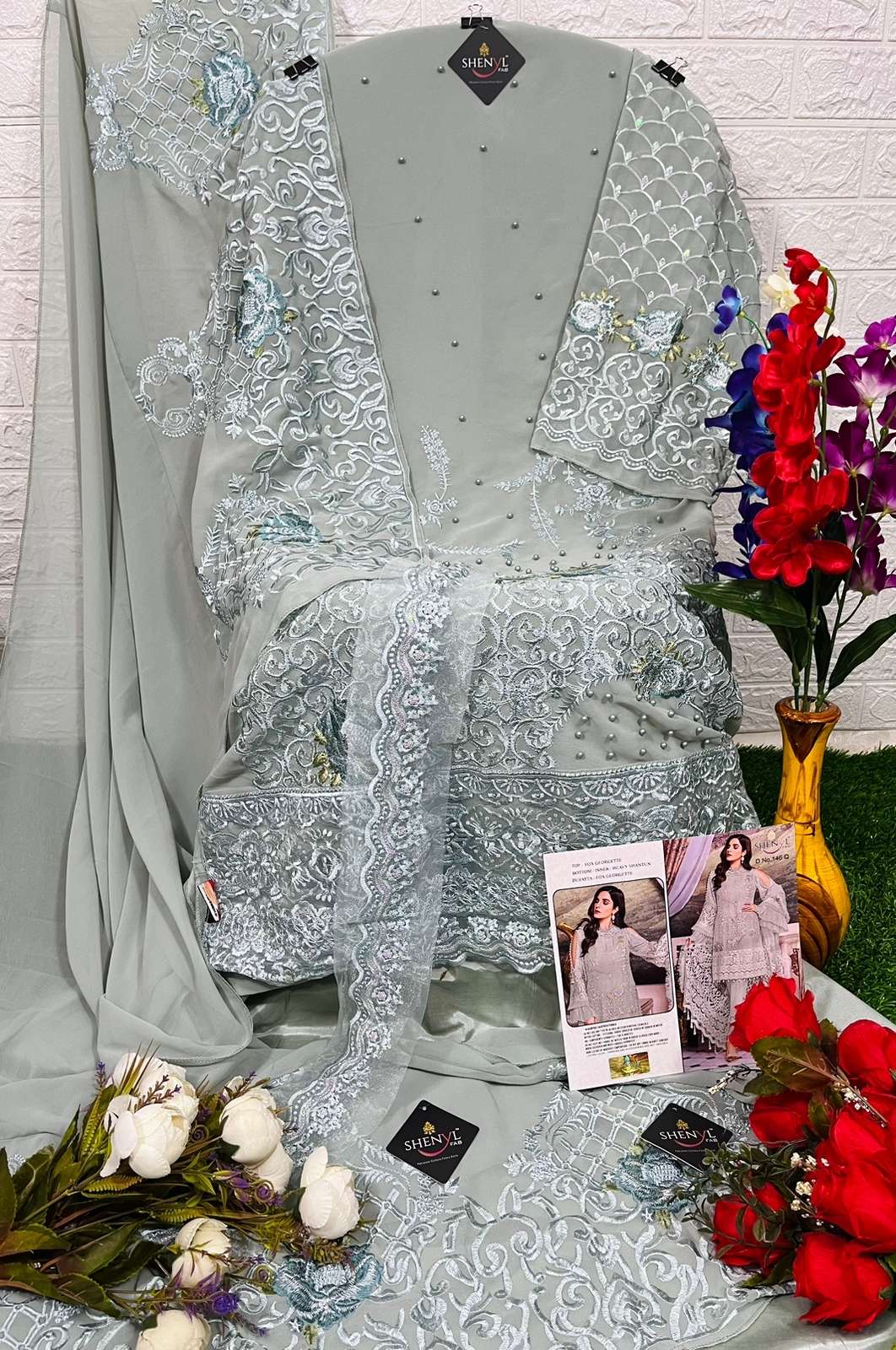 SHENYL FAB PAKISTANI  LUXURIOUS  COLLECTOIN FOUX GEORGETT WITH HEAVY EMBROIDERY SUIT ON WHOLESALE