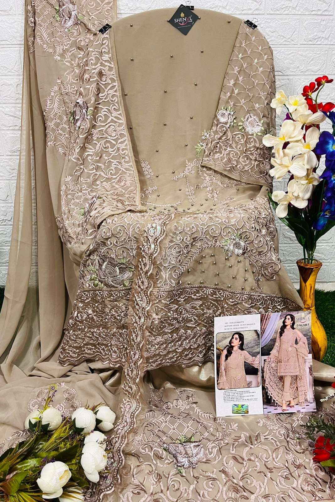 SHENYL FAB PAKISTANI  LUXURIOUS  COLLECTOIN FOUX GEORGETT WITH HEAVY EMBROIDERY SUIT ON WHOLESALE