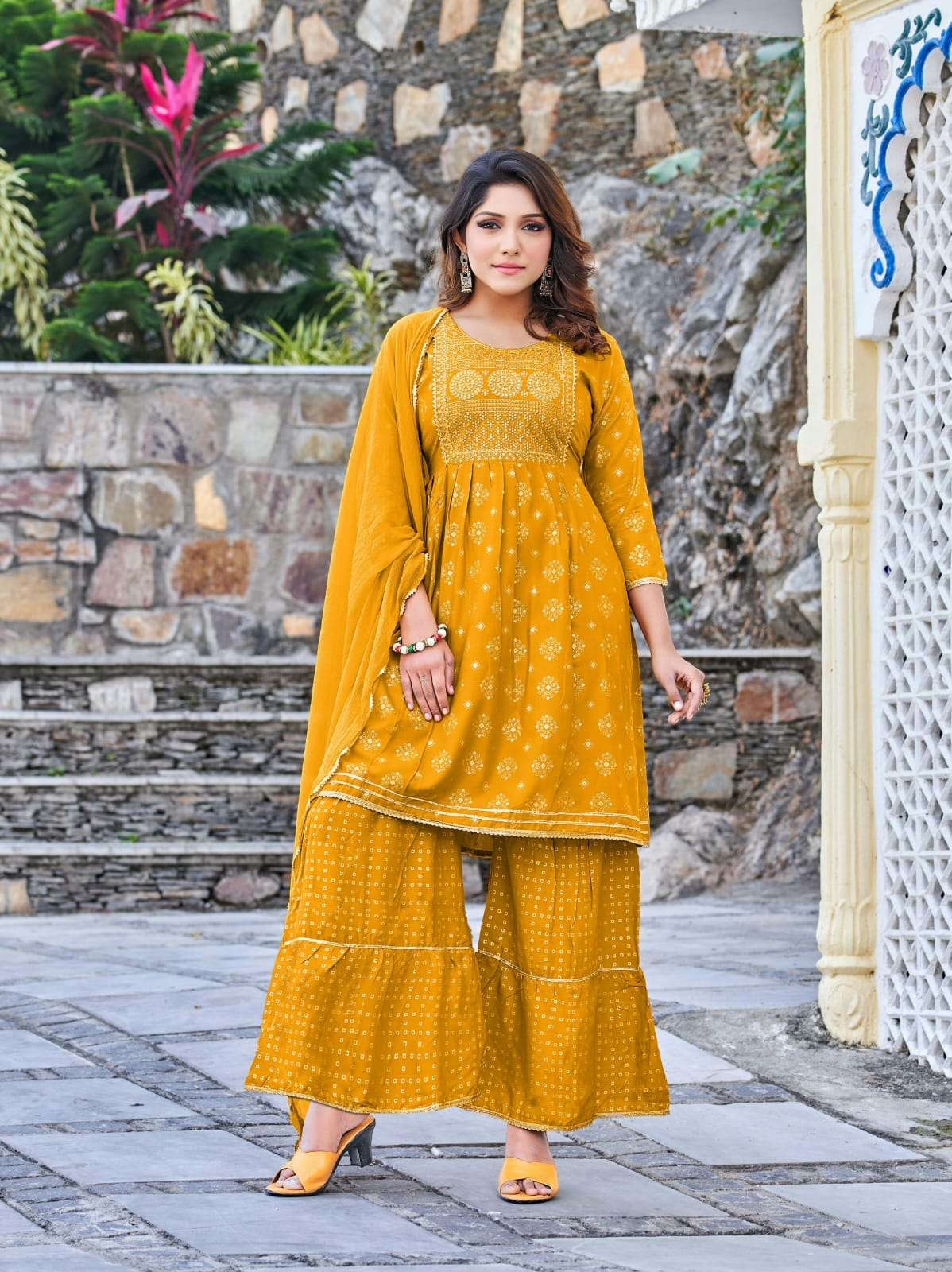 Tips&Tops Present Raashi  Gharrara Heavy Reyon Foil Print And Embroidery On Wholesale