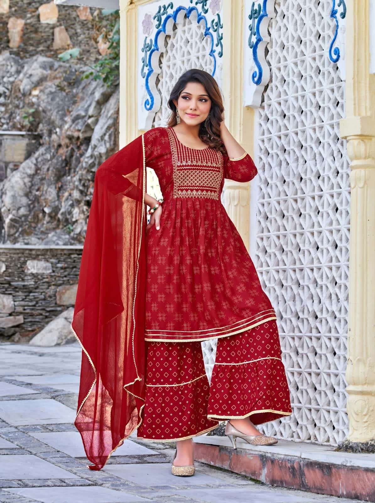 Tips&Tops Present Raashi  Gharrara Heavy Reyon Foil Print And Embroidery On Wholesale