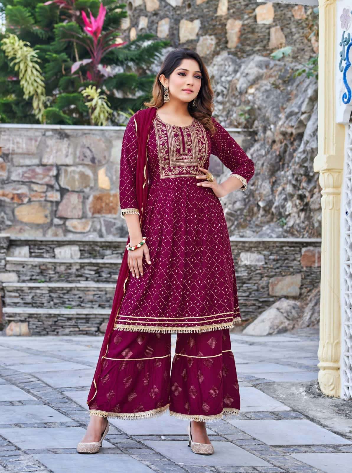 Tips&Tops Present Raashi  Gharrara Heavy Reyon Foil Print And Embroidery On Wholesale
