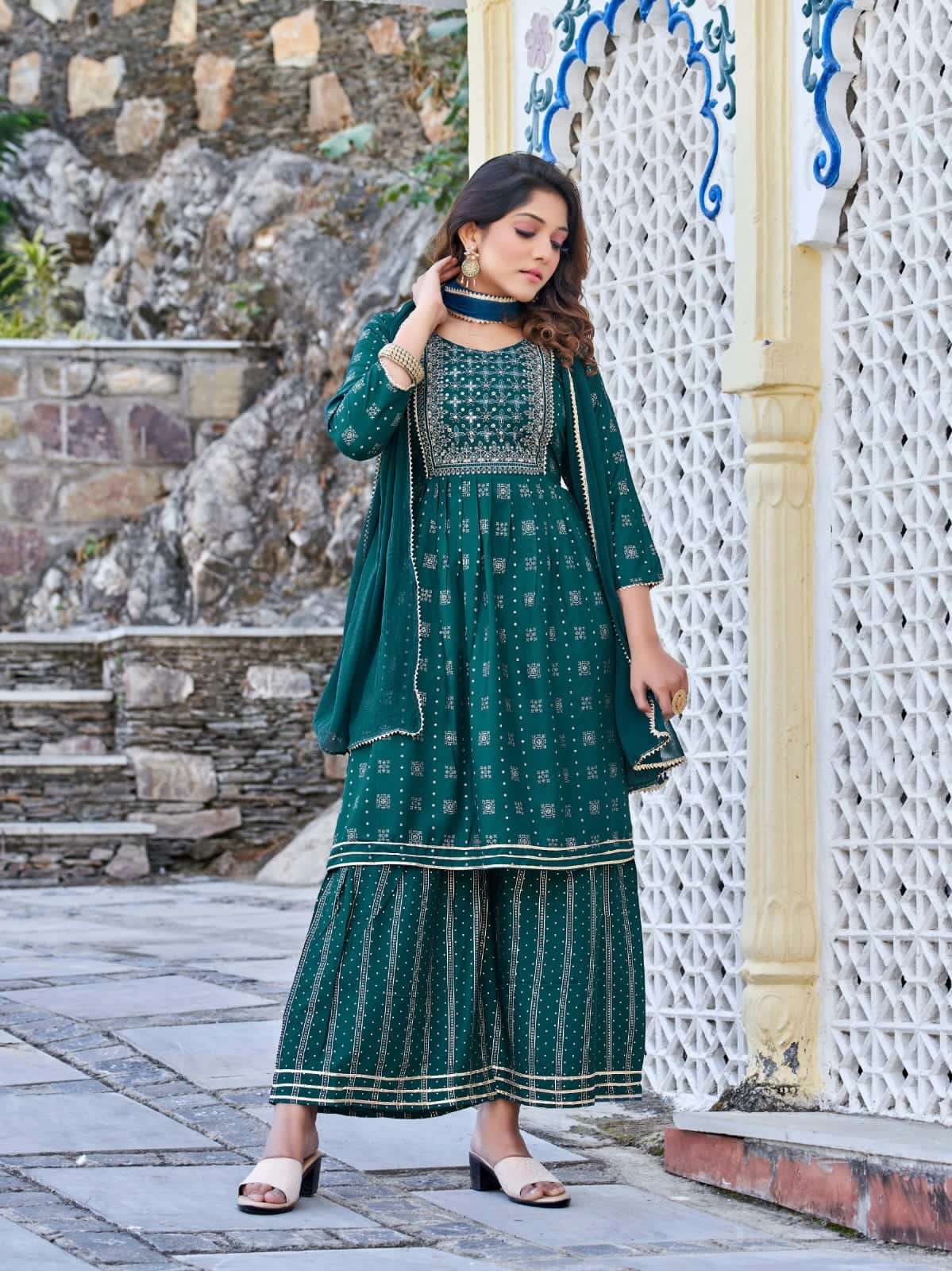 Tips&Tops Present Raashi  Gharrara Heavy Reyon Foil Print And Embroidery On Wholesale