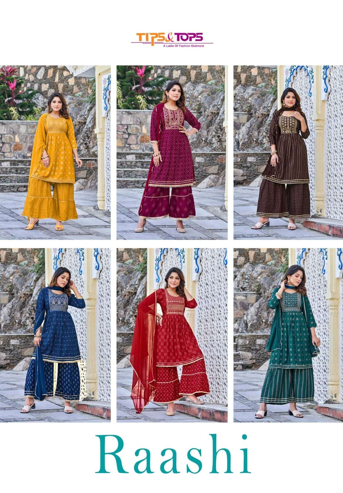 Tips&Tops Present Raashi  Gharrara Heavy Reyon Foil Print And Embroidery On Wholesale