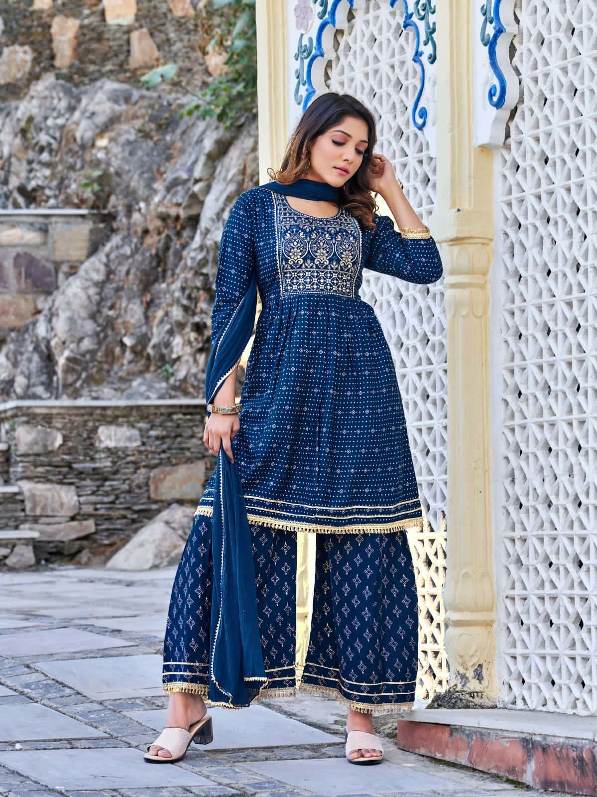 Tips&Tops Present Raashi  Gharrara Heavy Reyon Foil Print And Embroidery On Wholesale