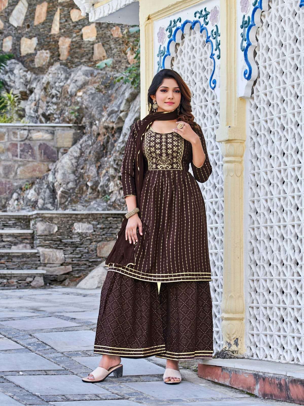 Tips&Tops Present Raashi  Gharrara Heavy Reyon Foil Print And Embroidery On Wholesale