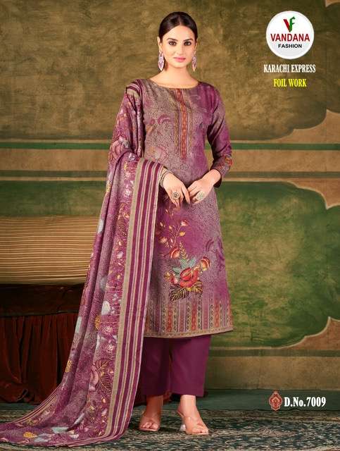Vandana Present Karachi Express On Pure Soft Cotton Digital Print With Fancy Foil Work Dress Material On Wholesale 