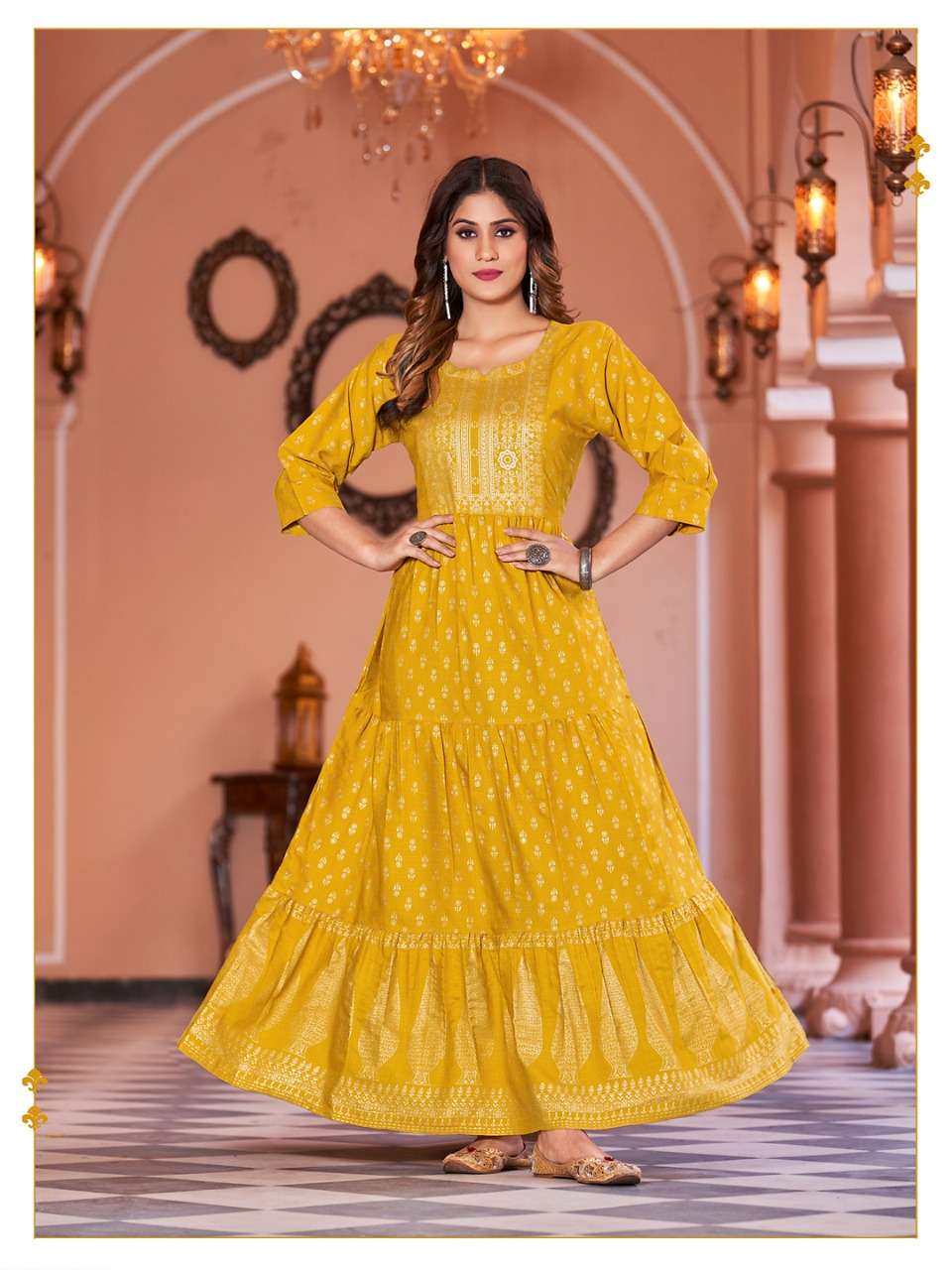   Banwery Fashion Present Sukumari Foil Print With 3 lair Flair Gown On Wholesale