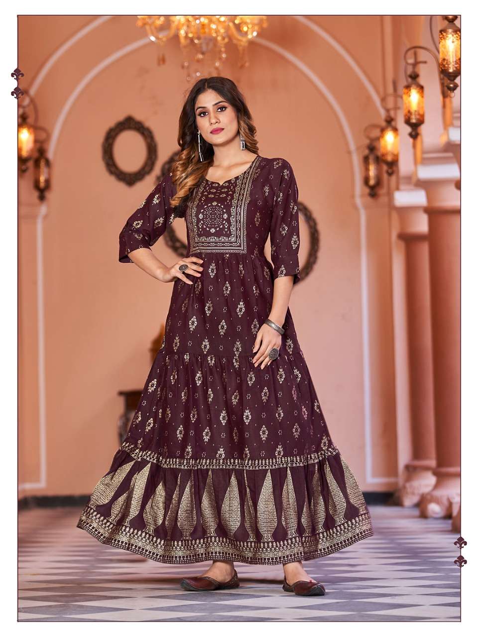   Banwery Fashion Present Sukumari Foil Print With 3 lair Flair Gown On Wholesale