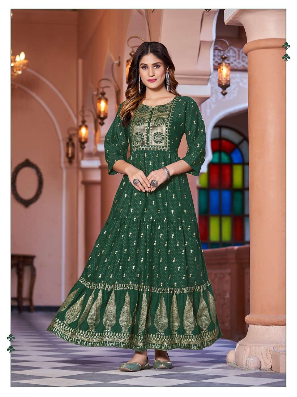   Banwery Fashion Present Sukumari Foil Print With 3 lair Flair Gown On Wholesale