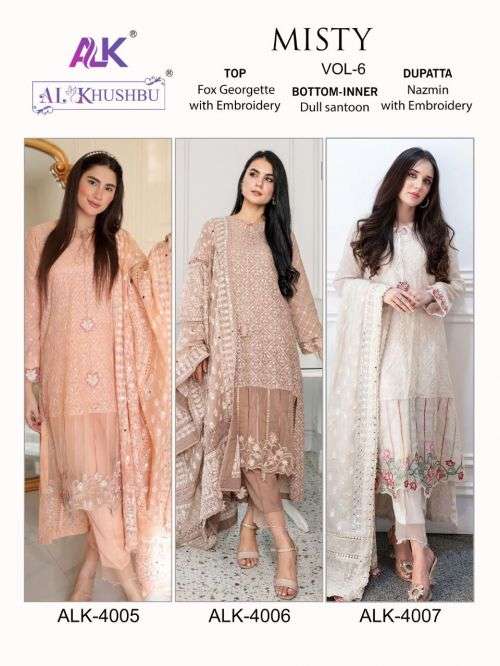 Alk Khushbu Misty Vol 6 Embroidered Pakistani Suit On Wholesale