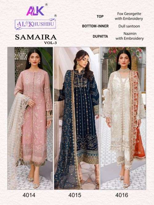Alk Khushbu Samaira Vol 3 Embroidered Pakistani Suit On Wholesale