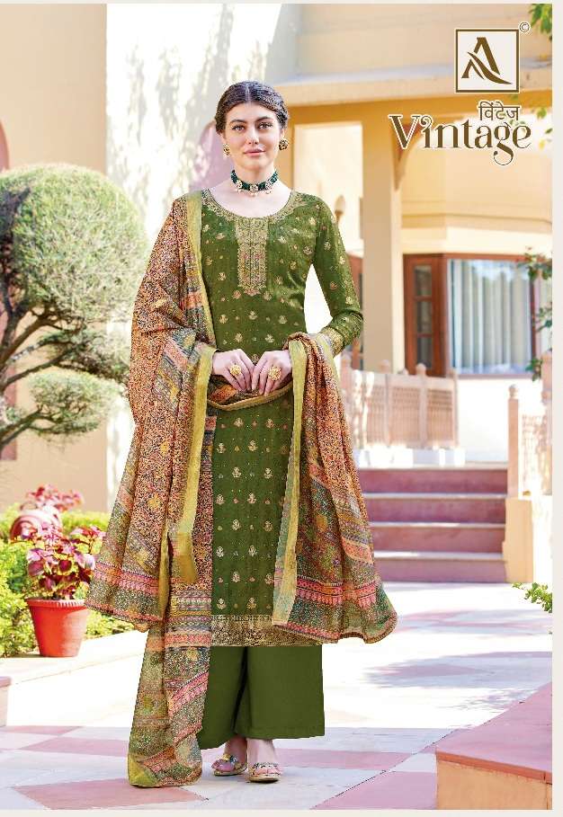 Alok Suit Vintage Pure Dola Jacquard Designer Suit On Wholesale