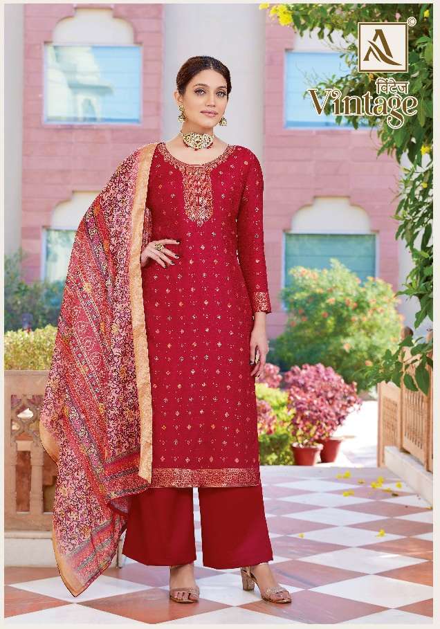 Alok Suit Vintage Pure Dola Jacquard Designer Suit On Wholesale