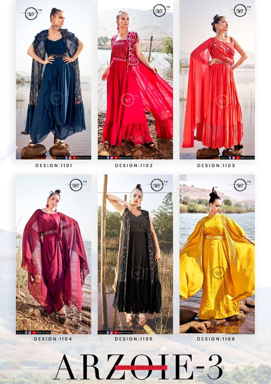 Arzoie Vol 3 By M & M 1101 To 1106 Series Heavy Georgette Work Western Gowns On Wholesale