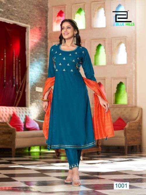 Blue Hills Butterfly Fancy Kurti With Dupatta On Wholesale