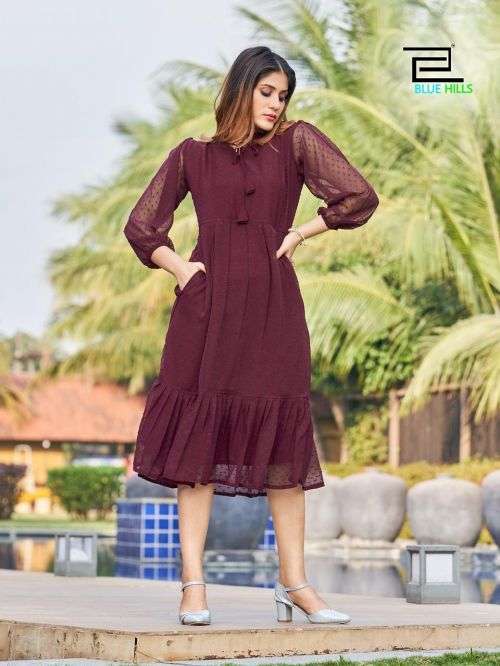 Maroon Georgette Chikan Nayra Cut Kurti