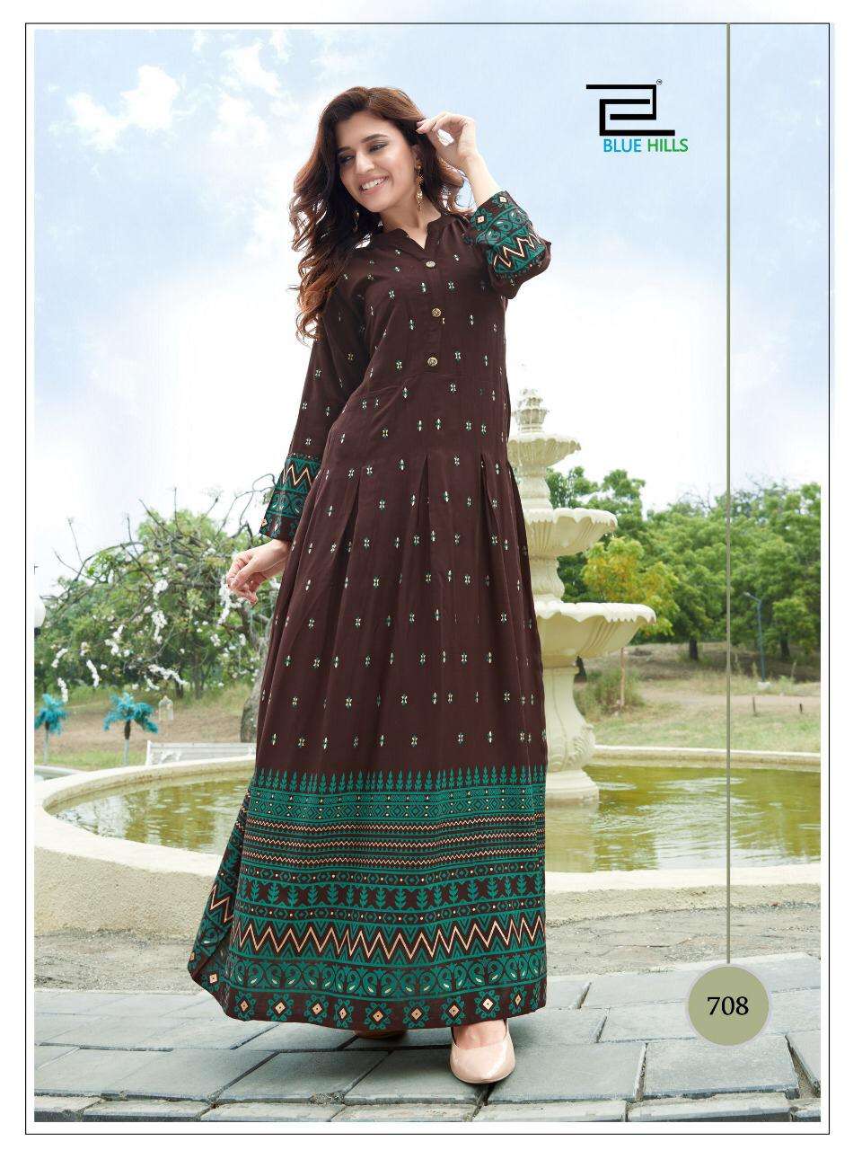 BLUE HILLS  Walkway Vol 7 Long Gown with Foil Print On Wholesale