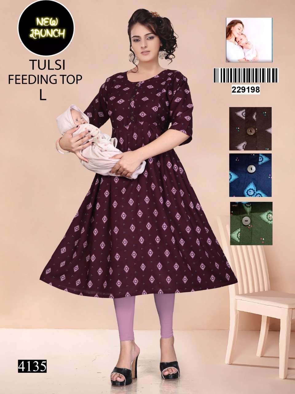 Feeding Top  Heavy Rayon Print Ghera Kurti On Wholesale