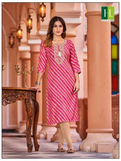Hirwa Leheriya Rayon Fancy Designer Embroidery Kurti On Wholesale