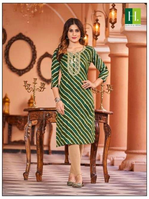 Hirwa Leheriya Rayon Fancy Designer Embroidery Kurti On Wholesale