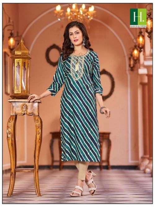 Hirwa Leheriya Rayon Fancy Designer Embroidery Kurti On Wholesale
