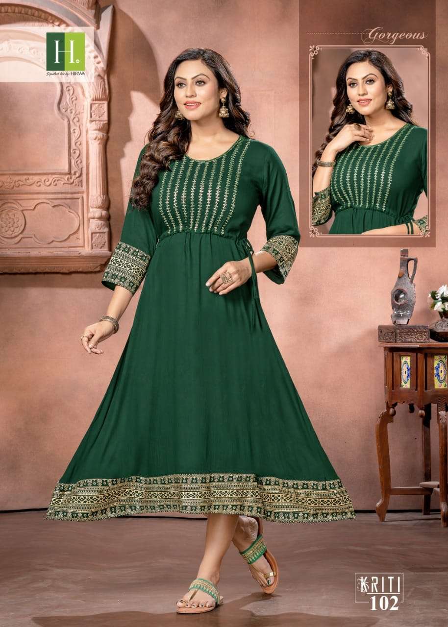 Hirwa Long Ghera With Gold Print And Embroidery Work On Wholesale