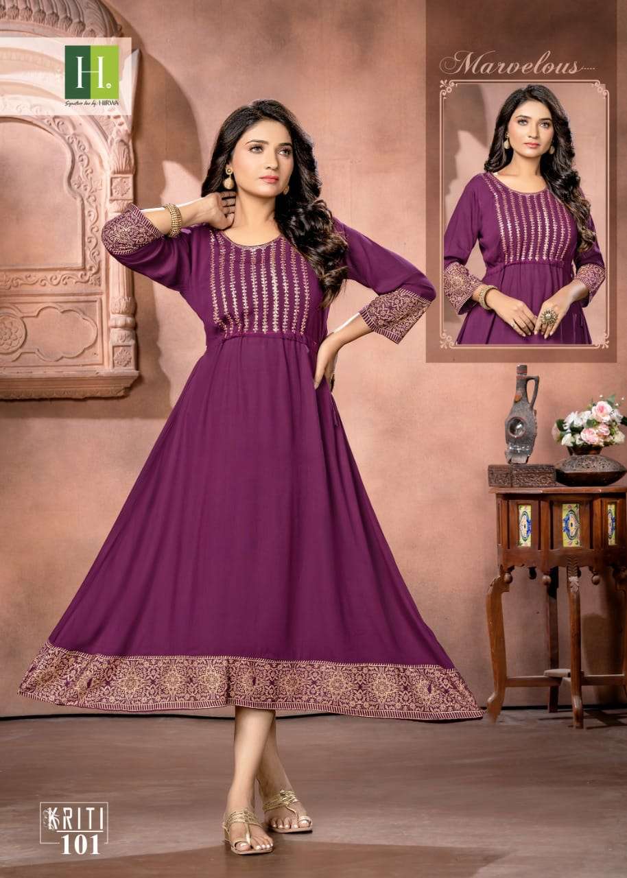 Hirwa Long Ghera With Gold Print And Embroidery Work On Wholesale
