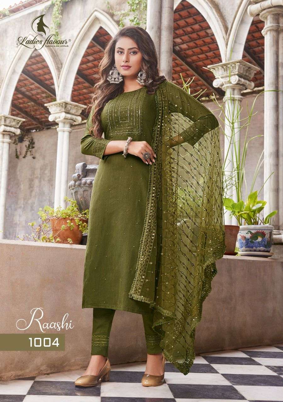  Ladies Flavour  Raashi Kurti Pant Dupatta for the Upcoming Festival On Wholesale 