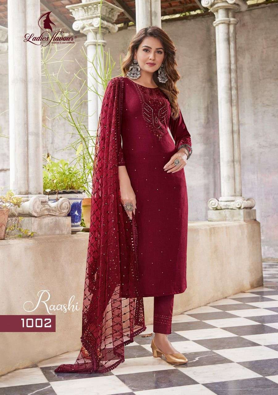  Ladies Flavour  Raashi Kurti Pant Dupatta for the Upcoming Festival On Wholesale 
