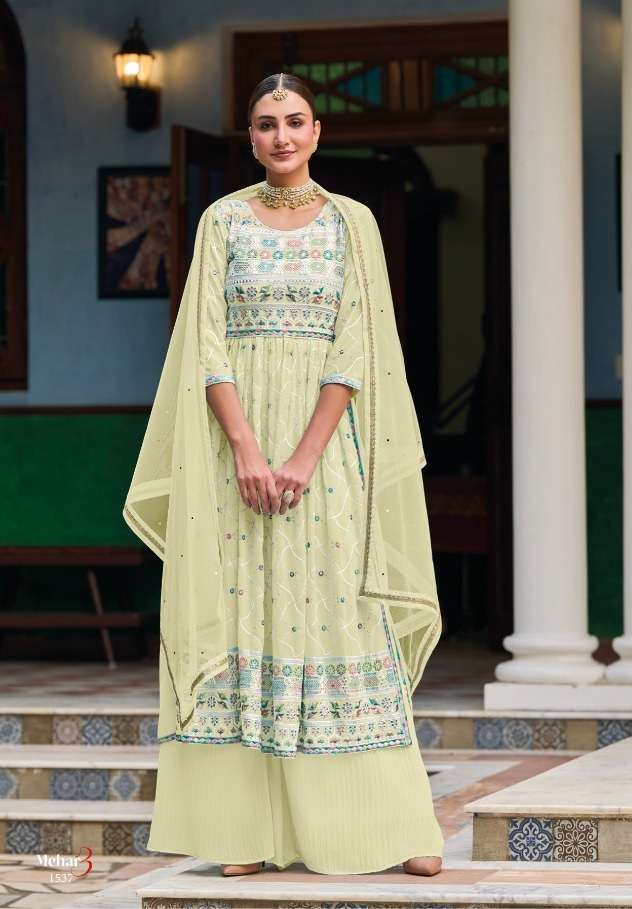 Mehar - 3 Nyra Cut Faux Georgette Kurti Plazzo With Dupatta On Wholesale