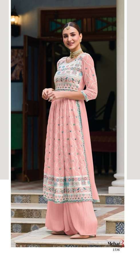 Mehar - 3 Nyra Cut Faux Georgette Kurti Plazzo With Dupatta On Wholesale