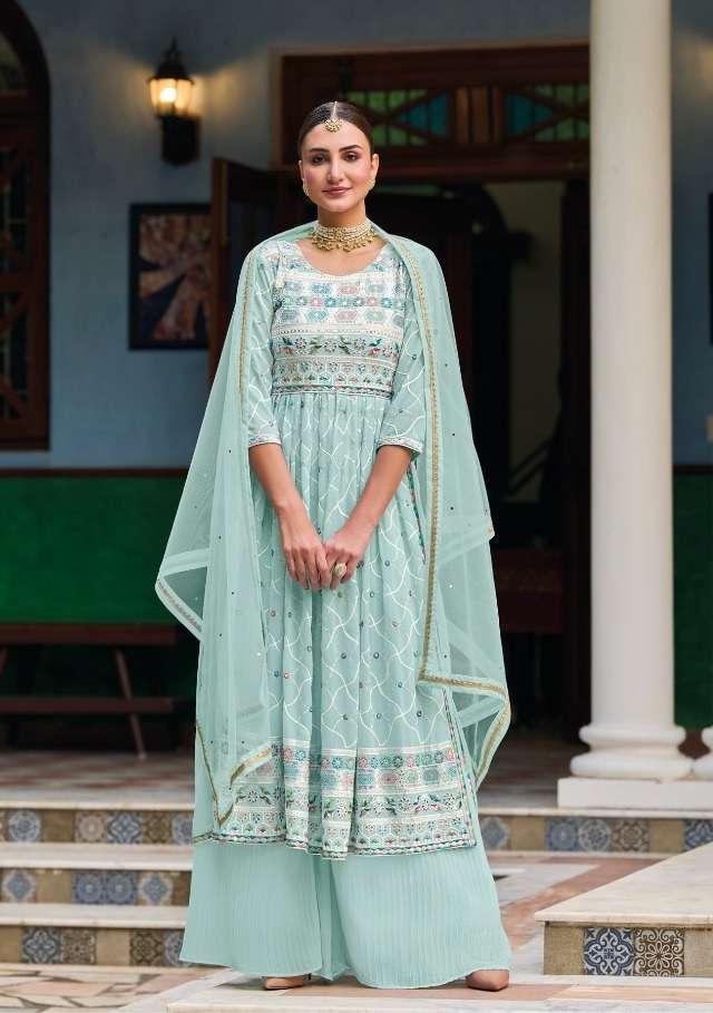 Mehar - 3 Nyra Cut Faux Georgette Kurti Plazzo With Dupatta On Wholesale