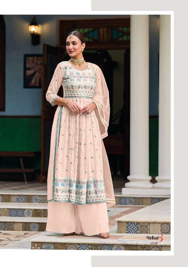 Mehar - 3 Nyra Cut Faux Georgette Kurti Plazzo With Dupatta On Wholesale