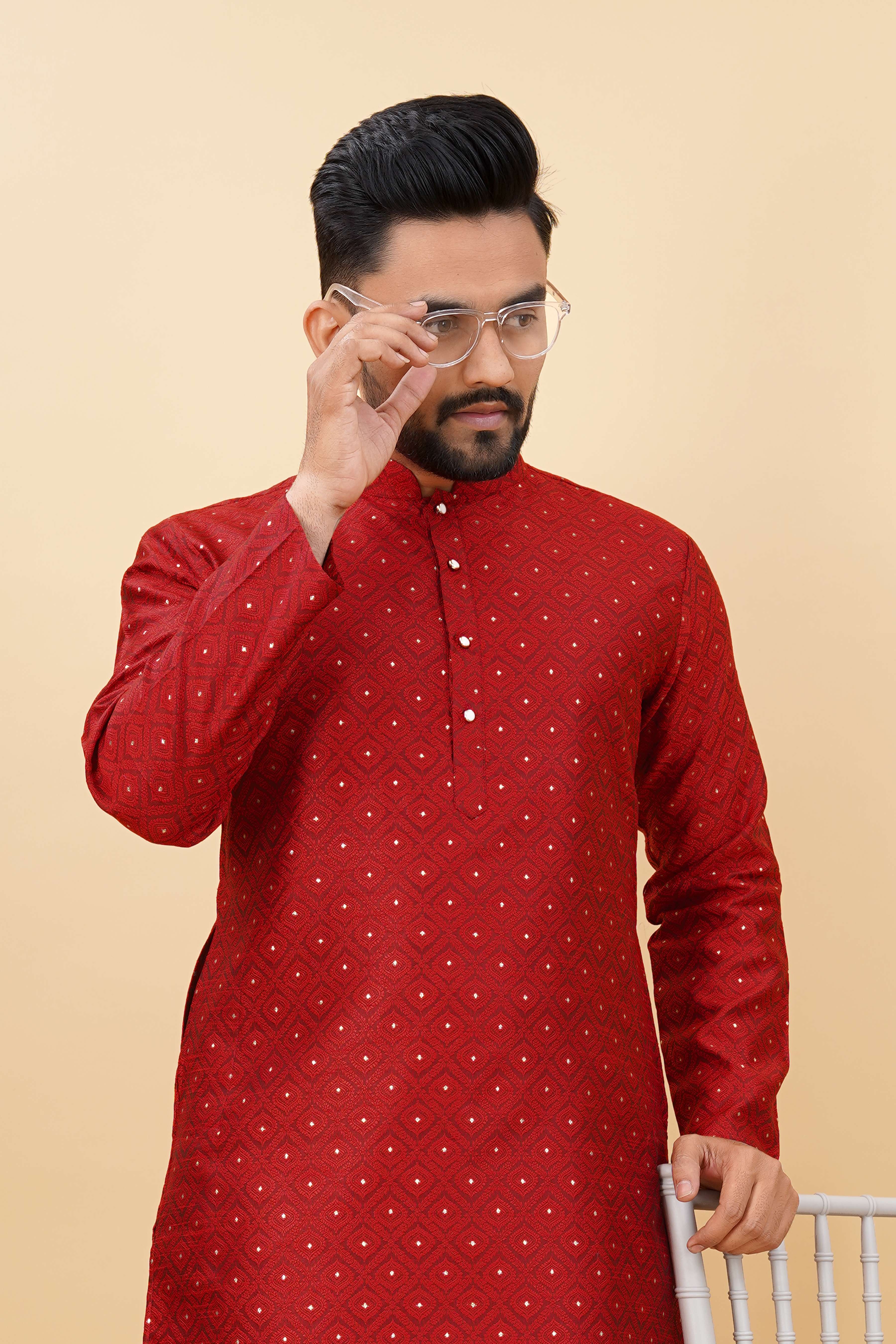 Party Wear Mens Kurta Self Designe and Jari with Button 