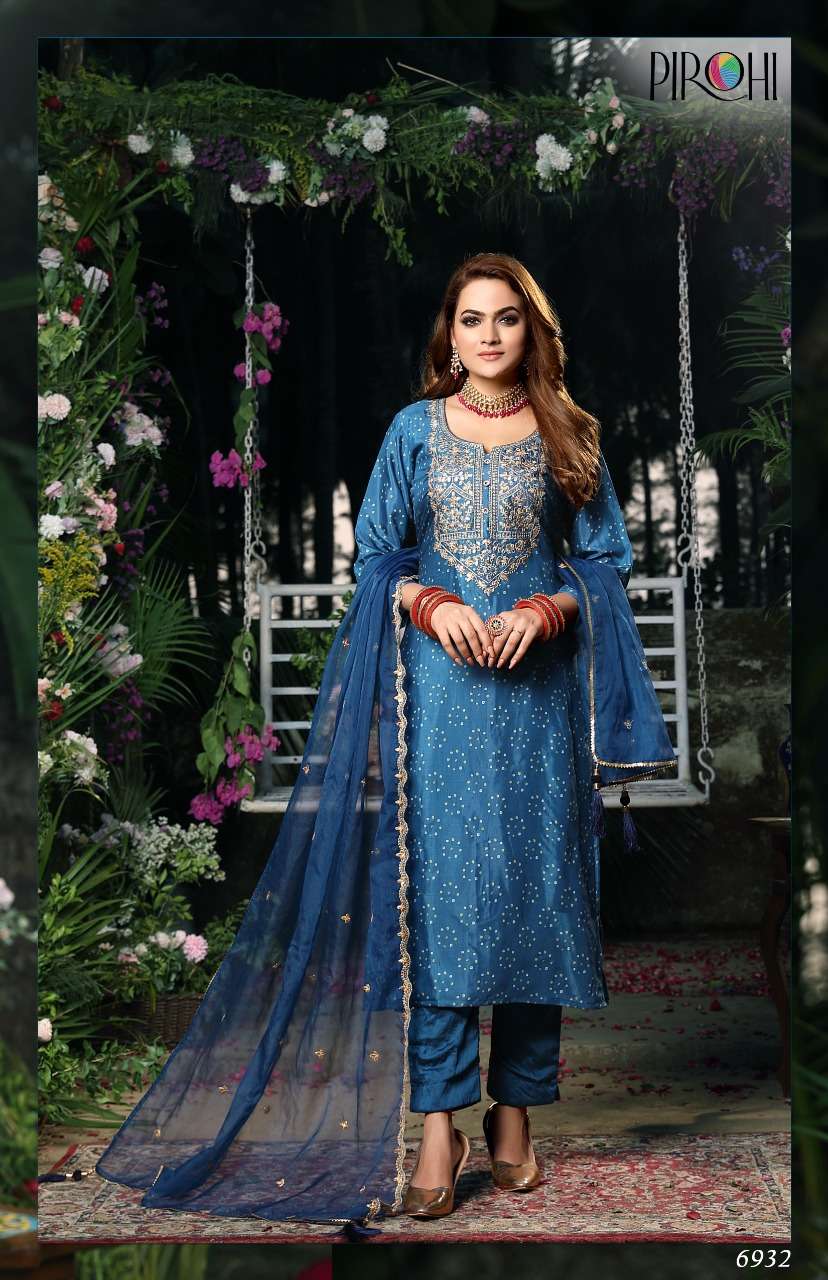 Pirohi Bahara On Pure Muslin Kurti Pant With Beautiful Bandhni Prints Cut Work Dupatta On Wholesale